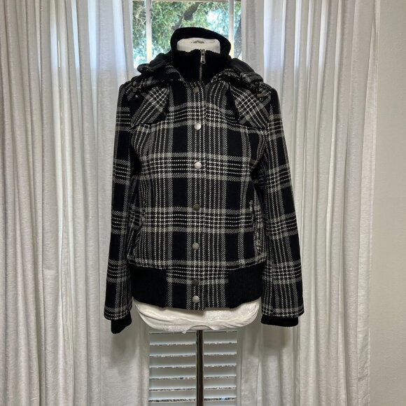 New York & Company Plaid Hooded Jacket Black White M Snap Zip Wool Blend - Picture 5 of 12